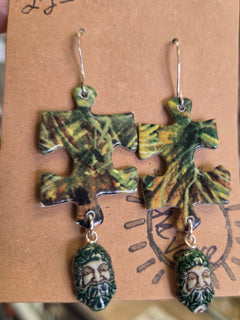 Green Man Puzzle Piece Earrings